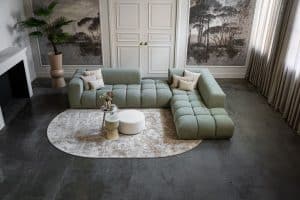 Oriana corner sofa in greenish fabric, available at Room 108